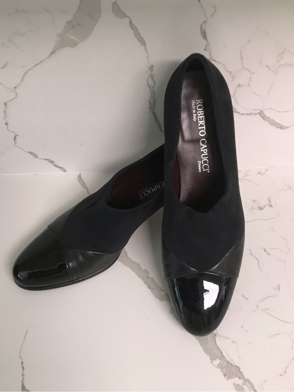 Roberto Capucci Tri Leather Black Patent Cap-Toe Shoes US 7 B
